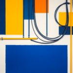 Suprematist abstract painting by Kazimir Malevich featuring neatly organized cables and conduits. Minimalist composition of bold navy blue and vibrant yellow geometric shapes on a stark white background. Flat textures, sharp edges, avant-garde electrical concept. ##no humans##, ##no text##.