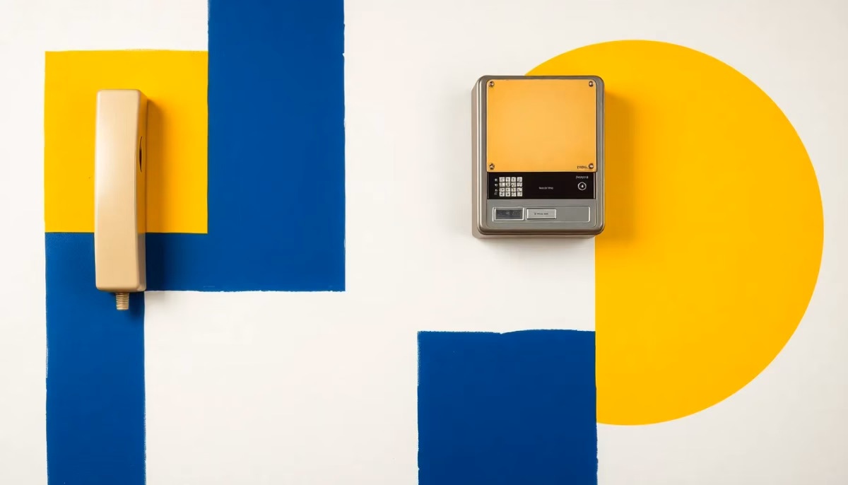Suprematist abstract painting by Kazimir Malevich featuring a vintage intercom system with a handset and wall-mounted unit. Minimalist composition of bold navy blue and vibrant yellow geometric shapes on a stark white background. Flat textures, sharp edges, avant-garde electrical concept. No humans, no text.