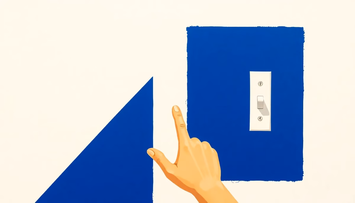 Suprematist abstract painting by Kazimir Malevich featuring a simplified wall-mounted light switch and a hand reaching towards it. Minimalist composition of bold navy blue and vibrant yellow geometric shapes on a stark white background. Flat textures, sharp edges, avant-garde electrical concept. No humans, no text.