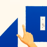 Suprematist abstract painting by Kazimir Malevich featuring a simplified wall-mounted light switch and a hand reaching towards it. Minimalist composition of bold navy blue and vibrant yellow geometric shapes on a stark white background. Flat textures, sharp edges, avant-garde electrical concept. No humans, no text.