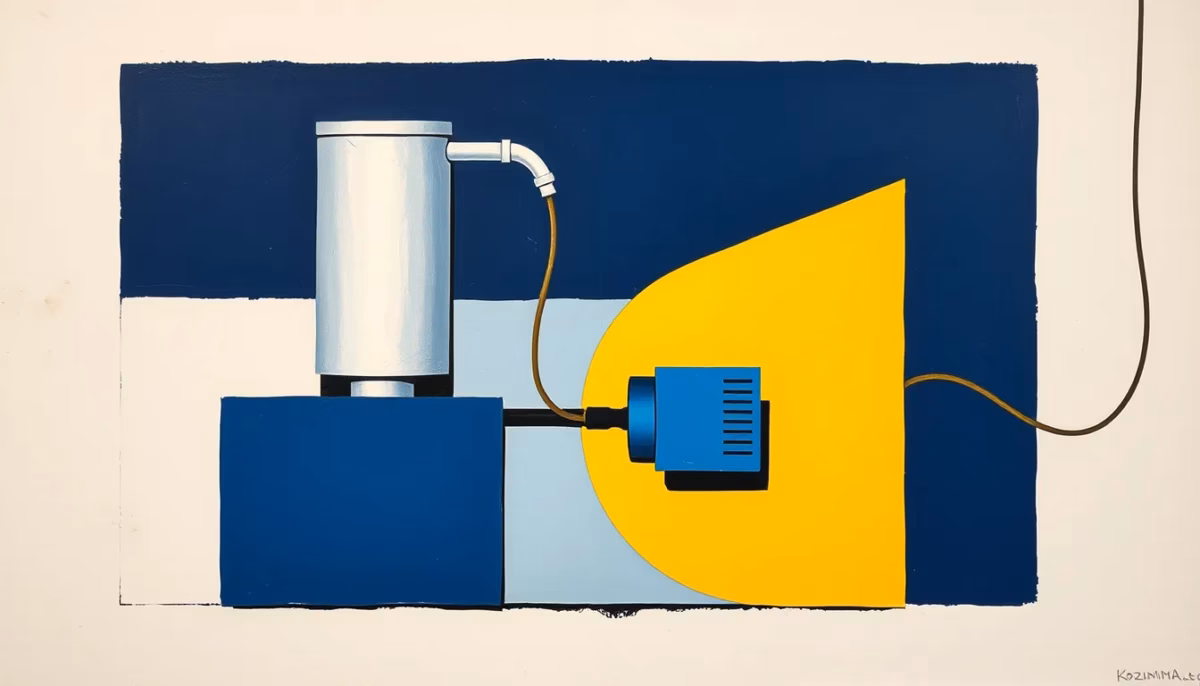 Suprematist abstract painting by Kazimir Malevich featuring a water pump and electrical wiring. Minimalist composition of bold navy blue and vibrant yellow geometric shapes on a stark white background. Flat textures, sharp edges, avant-garde electrical concept. ##no humans##, ##no text##.