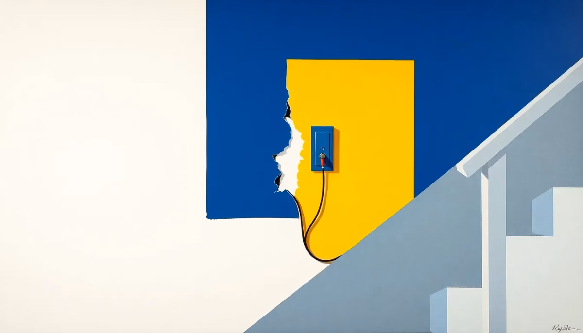 Suprematist abstract painting by Kazimir Malevich featuring a half-broken wall switch with exposed wires on a staircase. Minimalist composition of bold navy blue and vibrant yellow geometric shapes on a stark white background. Flat textures, sharp edges, avant-garde electrical concept. No humans, no text.