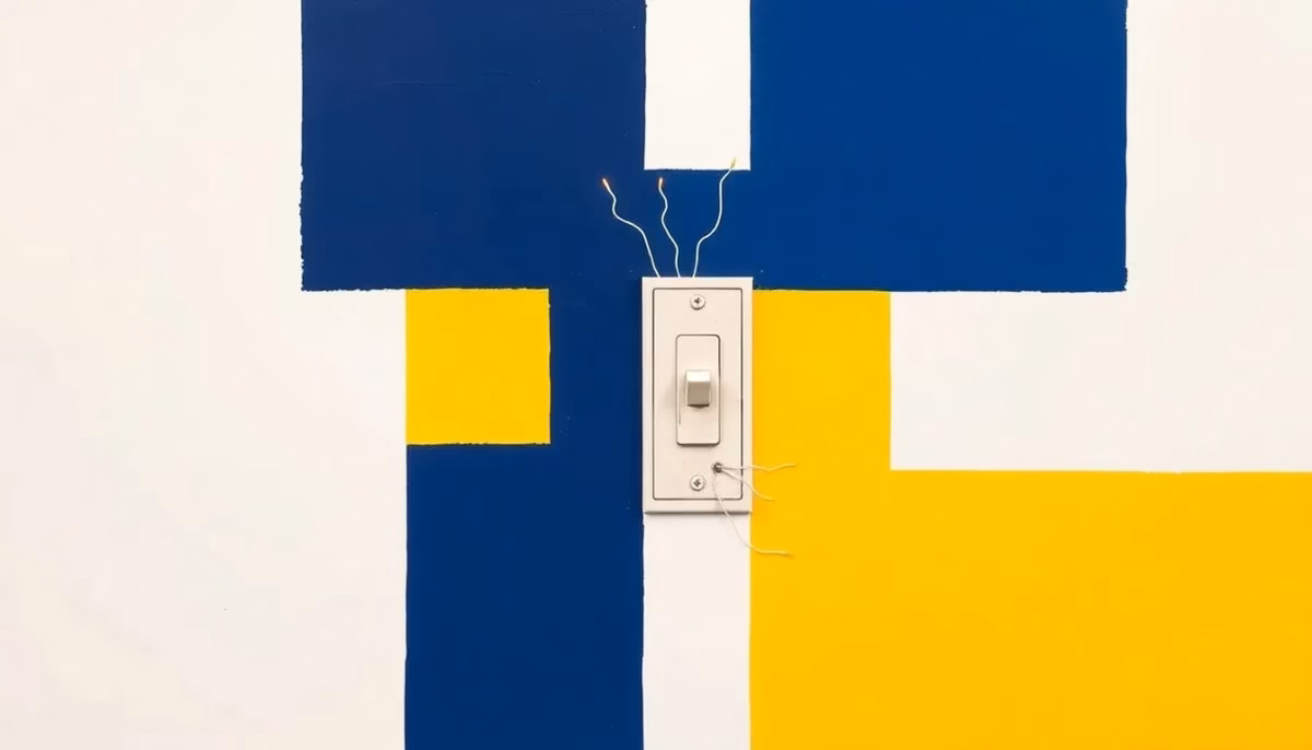 Suprematist abstract painting by Kazimir Malevich featuring a vintage light switch with visible electric sparks. Minimalist composition of bold navy blue and vibrant yellow geometric shapes on a stark white background. Flat textures, sharp edges, avant-garde electrical concept. No humans, no text overlay.