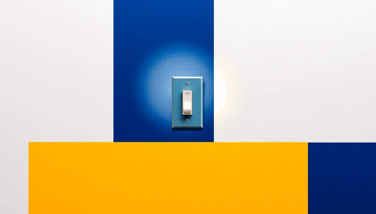 Suprematist abstract painting by Kazimir Malevich featuring a glowing light switch with a luminous halo. Minimalist composition of bold navy blue and vibrant yellow geometric shapes on a stark white background. Flat textures, sharp edges, avant-garde electrical concept. No humans, no text.