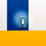 Suprematist abstract painting by Kazimir Malevich featuring a glowing light switch with a luminous halo. Minimalist composition of bold navy blue and vibrant yellow geometric shapes on a stark white background. Flat textures, sharp edges, avant-garde electrical concept. No humans, no text.