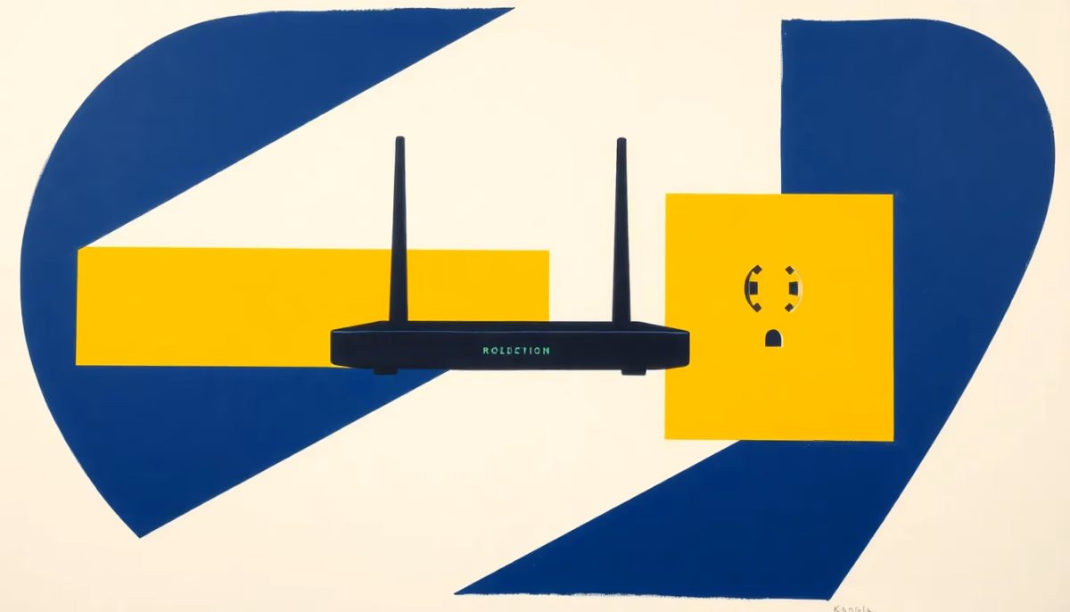 Suprematist abstract painting by Kazimir Malevich featuring a router and electrical plug concept. Minimalist composition of bold navy blue and vibrant yellow geometric shapes on a stark white background. Flat textures, sharp edges, avant-garde electrical concept. No humans, no text.