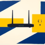Suprematist abstract painting by Kazimir Malevich featuring a router and electrical plug concept. Minimalist composition of bold navy blue and vibrant yellow geometric shapes on a stark white background. Flat textures, sharp edges, avant-garde electrical concept. No humans, no text.