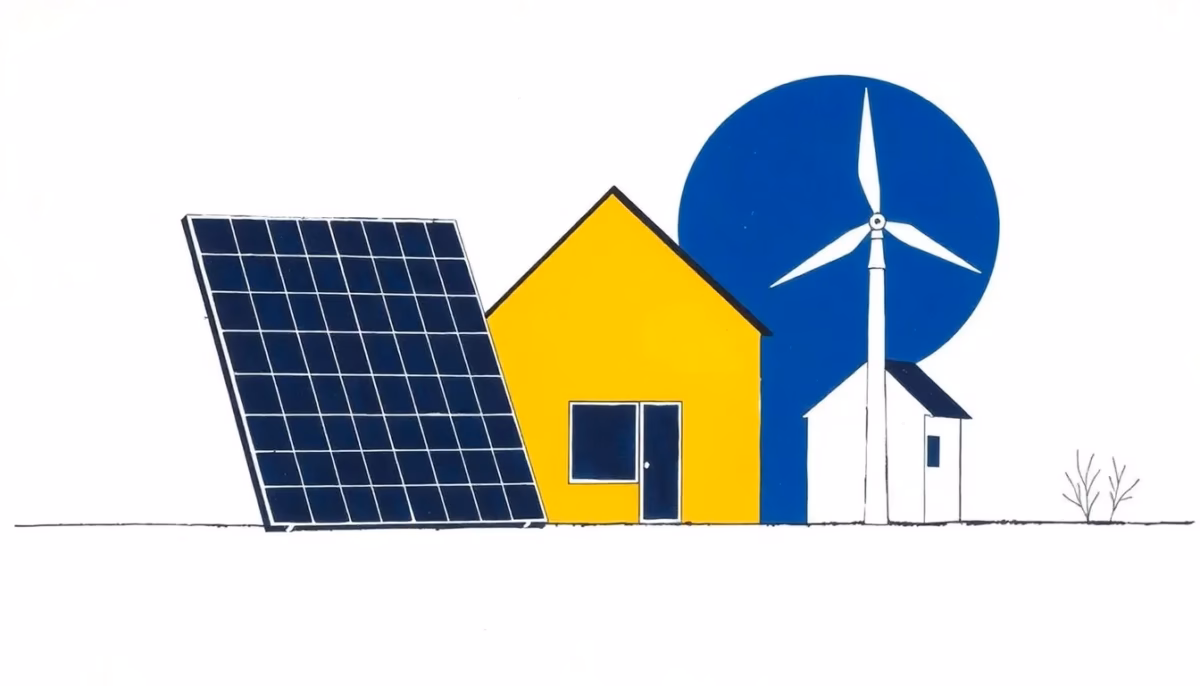 Suprematist abstract painting in the style of Kazimir Malevich featuring a solar panel and a small domestic wind turbine powering a house. Minimalist composition of bold navy blue and vibrant yellow geometric shapes on a stark white background. Flat textures, sharp edges, avant-garde electrical energy concept, no humans, no text.