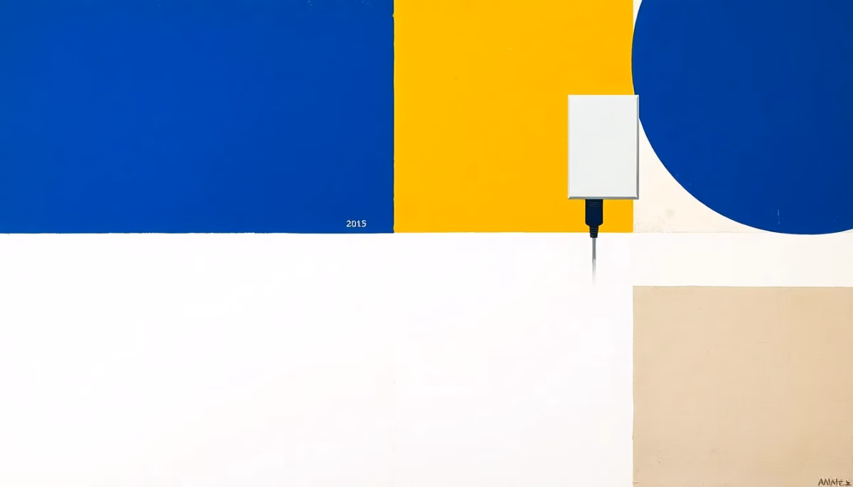 Suprematist abstract painting by Kazimir Malevich featuring solar panels and electrical plug. Minimalist composition of bold navy blue and vibrant yellow geometric shapes on a stark white background. Flat textures, sharp edges, avant-garde electrical concept. No humans, no text.