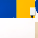 Suprematist abstract painting by Kazimir Malevich featuring solar panels and electrical plug. Minimalist composition of bold navy blue and vibrant yellow geometric shapes on a stark white background. Flat textures, sharp edges, avant-garde electrical concept. No humans, no text.