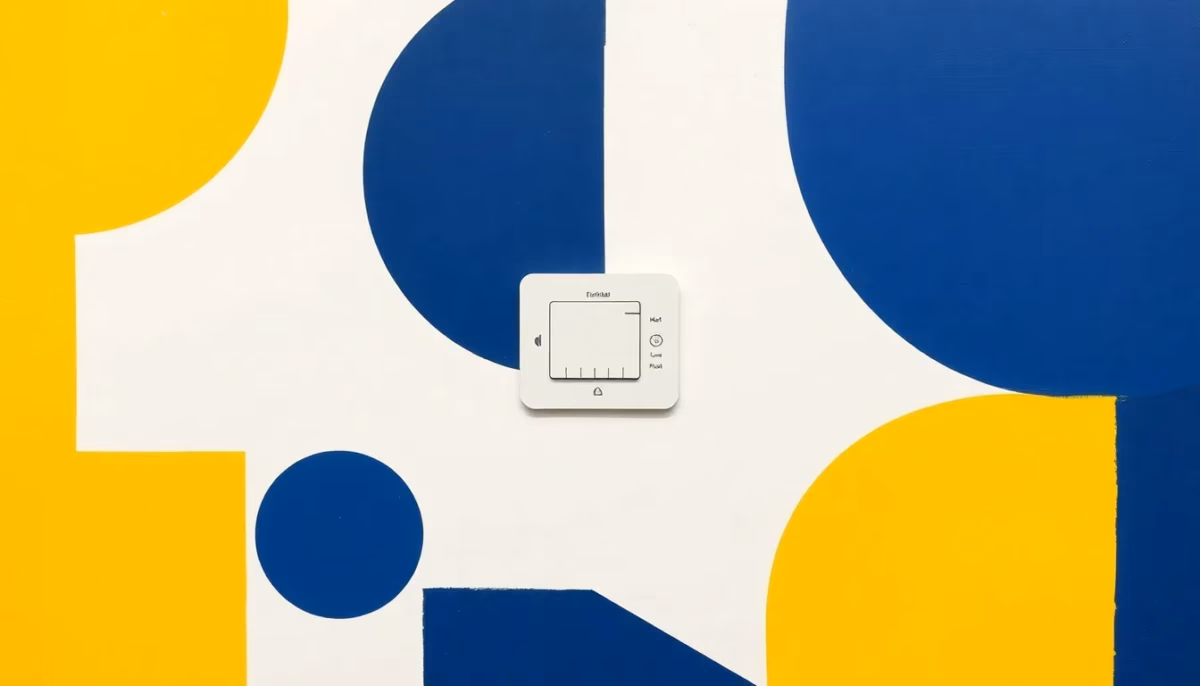 Suprematist abstract painting in the style of Kazimir Malevich featuring a smart connected home control hub emitting wireless signals. Minimalist composition of bold navy blue and vibrant yellow geometric shapes on a stark white background. Flat textures, sharp edges, avant-garde smart home electrical concept. No humans, no text overlay.