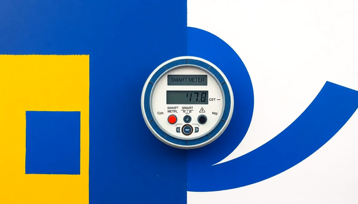 Suprematist abstract painting inspired by Kazimir Malevich featuring a modern electric smart meter surrounded by alert symbols. Minimalist composition of bold navy blue and vibrant yellow geometric shapes on a stark white background. Flat textures, sharp edges, avant-garde electrical concept evoking smart metering and power alerts. No humans, no text overlay.
