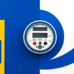 Suprematist abstract painting inspired by Kazimir Malevich featuring a modern electric smart meter surrounded by alert symbols. Minimalist composition of bold navy blue and vibrant yellow geometric shapes on a stark white background. Flat textures, sharp edges, avant-garde electrical concept evoking smart metering and power alerts. No humans, no text overlay.