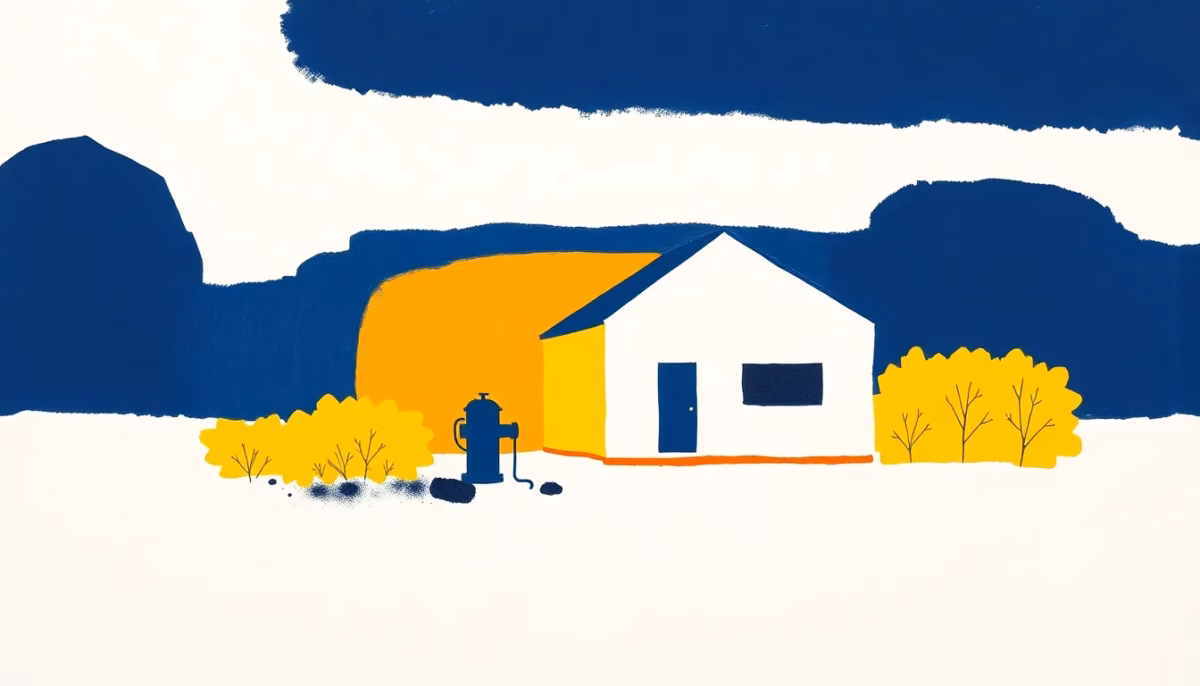 Suprematist abstract painting by Kazimir Malevich featuring rural property fire safety, a house with a protective water pump and cleared vegetation zone. Minimalist composition of bold navy blue and vibrant yellow geometric shapes on a stark white background. Flat textures, sharp edges, avant-garde fire prevention concept. ##no humans##, ##no text##.