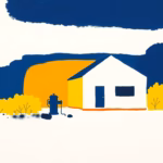 Suprematist abstract painting by Kazimir Malevich featuring rural property fire safety, a house with a protective water pump and cleared vegetation zone. Minimalist composition of bold navy blue and vibrant yellow geometric shapes on a stark white background. Flat textures, sharp edges, avant-garde fire prevention concept. ##no humans##, ##no text##.