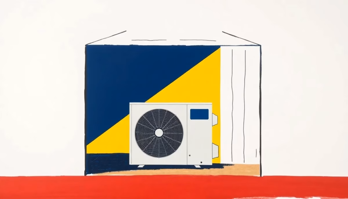 Suprematist abstract painting by Kazimir Malevich featuring a stylized heat pump unit inside a rustic barn structure. Minimalist composition of bold navy blue and vibrant yellow geometric shapes on a stark white background. Flat textures, sharp edges, avant-garde electrical concept. No humans, no text.
