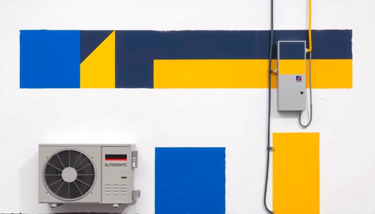 Suprematist abstract painting by Kazimir Malevich featuring a heat pump outdoor unit and an electrical panel. Minimalist composition of bold navy blue and vibrant yellow geometric shapes on a stark white background. Flat textures, sharp edges, avant-garde electrical concept. ##no humans##, ##no text##.