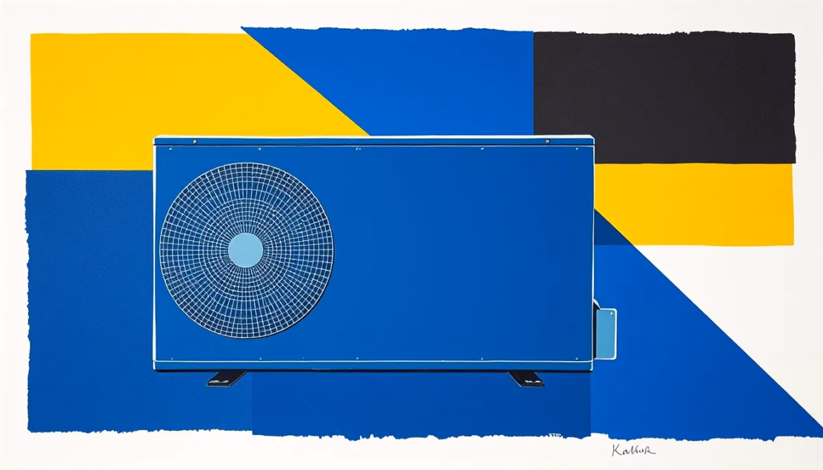 Suprematist abstract painting by Kazimir Malevich featuring a heat pump outdoor unit with stylized airflow lines. Minimalist composition of bold navy blue and vibrant yellow geometric shapes on a stark white background. Flat textures, sharp edges, avant-garde electrical concept. ##no humans##, ##no text##.