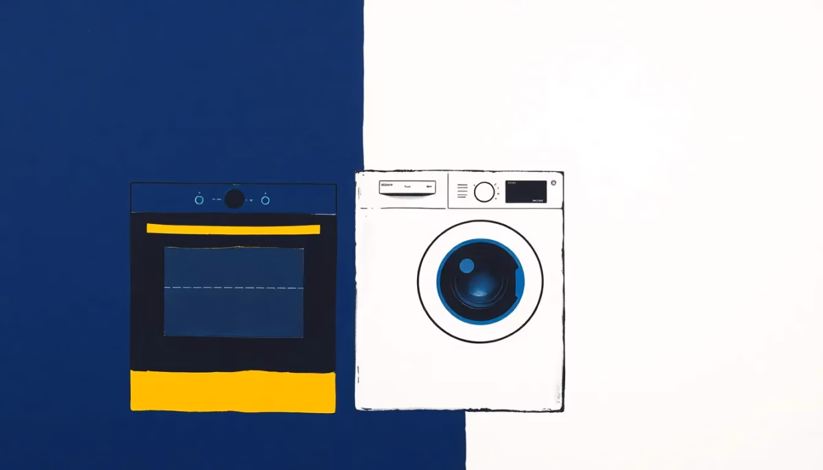Suprematist abstract painting inspired by Kazimir Malevich featuring an oven, a washing machine and an induction cooktop. Minimalist composition of bold navy blue and vibrant yellow geometric shapes on a stark white background. Flat textures, sharp edges, avant-garde electrical concept. No humans, no text.