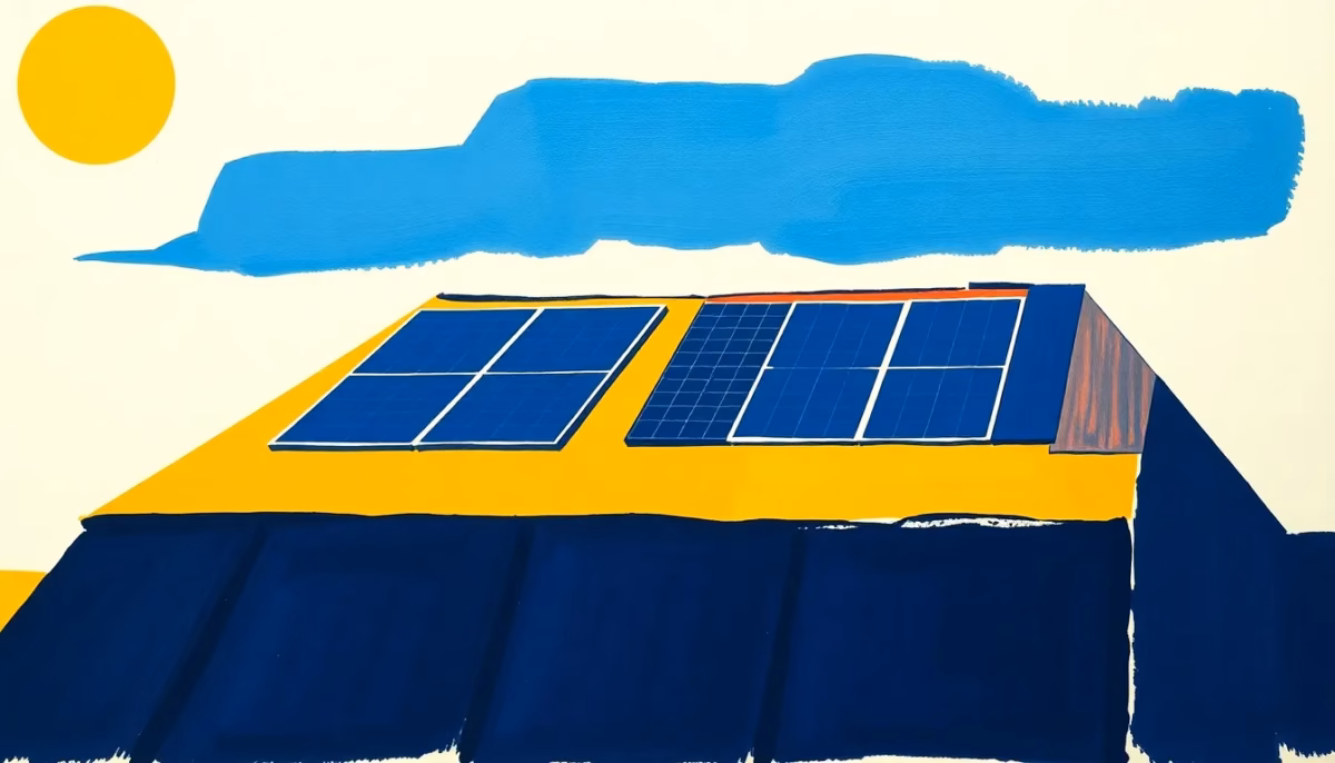 Suprematist abstract painting inspired by Kazimir Malevich showing solar panels mounted on a rural farmhouse roof. Minimalist composition of bold navy blue and vibrant yellow geometric shapes on a stark white background. Flat textures, sharp edges, avant-garde renewable energy concept. No humans, no text.