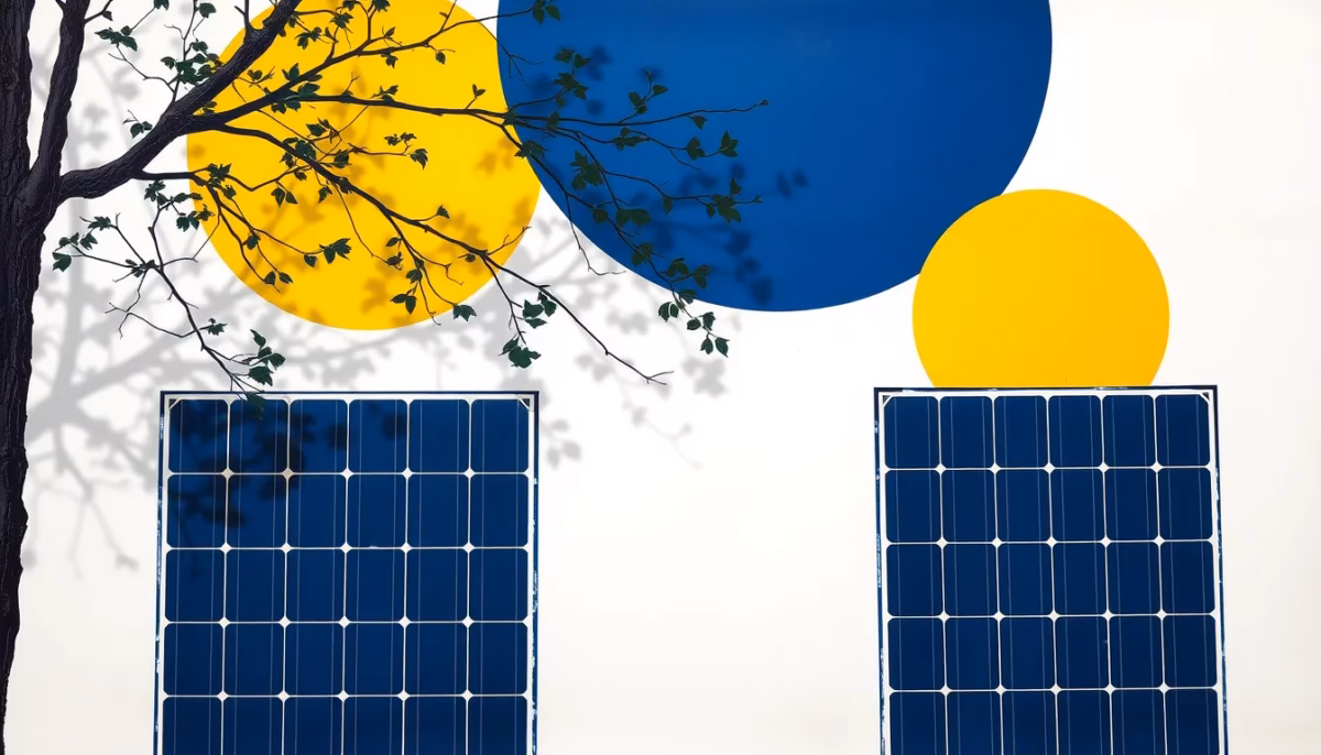 Suprematist abstract painting by Kazimir Malevich featuring solar panels on a rooftop partially shadowed by a large tree branch. Minimalist composition of bold navy blue and vibrant yellow geometric shapes on a stark white background. Flat textures, sharp edges, avant-garde electrical concept. The shadow of the branch falls diagonally across the panels creating a strong contrast. ##no humans##, ##no text##.