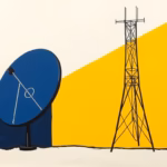 Suprematist abstract painting inspired by Kazimir Malevich featuring a satellite dish and a television antenna. Minimalist composition of bold navy blue and vibrant yellow geometric shapes on a stark white background. Flat textures, sharp edges, avant-garde electrical concept, no humans, no text overlay.
