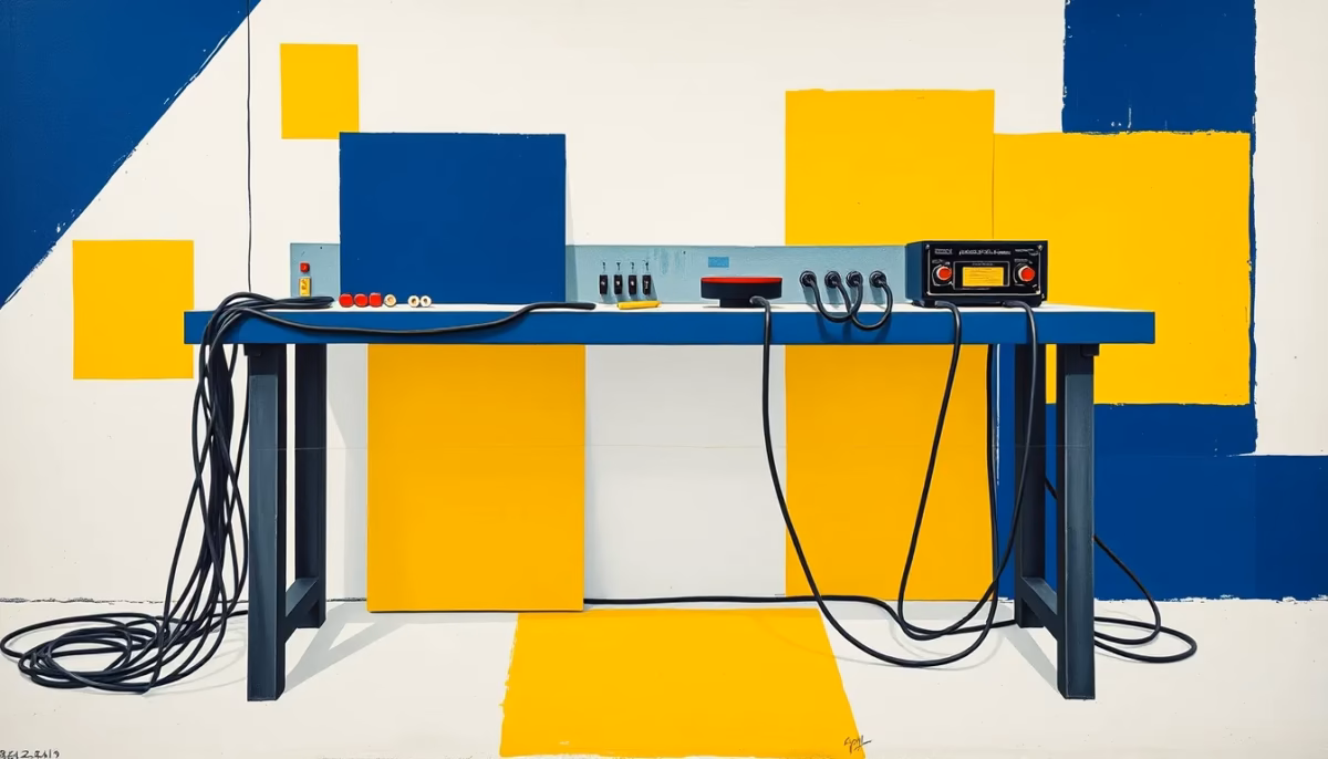 Suprematist abstract painting by Kazimir Malevich featuring an industrial electrical workshop bench with cables and connectors. Minimalist composition of bold navy blue and vibrant yellow geometric shapes on a stark white background. Flat textures, sharp edges, avant-garde electrical concept. ##no humans##, ##no text##.