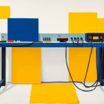 Suprematist abstract painting by Kazimir Malevich featuring an industrial electrical workshop bench with cables and connectors. Minimalist composition of bold navy blue and vibrant yellow geometric shapes on a stark white background. Flat textures, sharp edges, avant-garde electrical concept. ##no humans##, ##no text##.