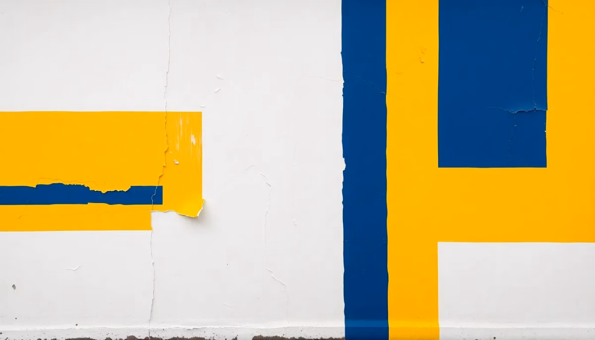 Suprematist abstract painting by Kazimir Malevich featuring a garage wall with peeling and blistering paint. Minimalist composition of bold navy blue and vibrant yellow geometric shapes on a stark white background. Flat textures, sharp edges, avant-garde electrical concept. No text.