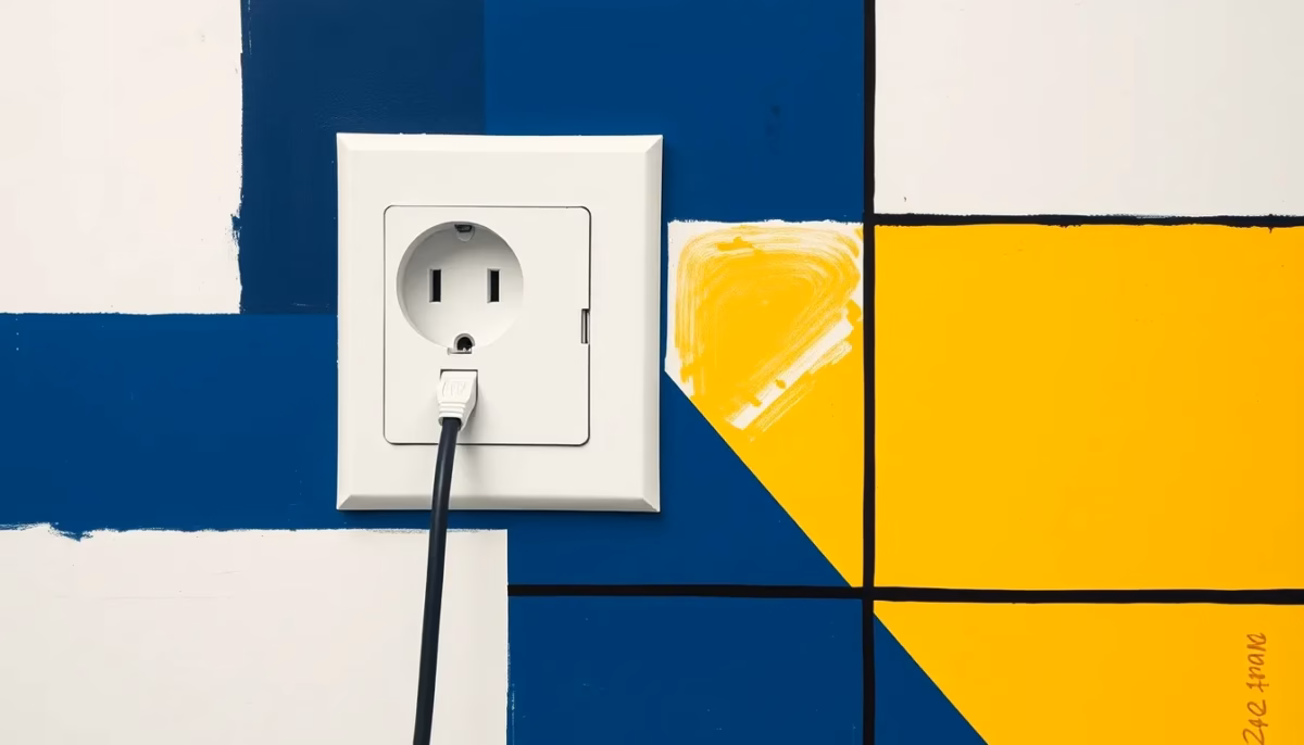 Suprematist abstract painting by Kazimir Malevich featuring a power outlet and network cable. Minimalist composition of bold navy blue and vibrant yellow geometric shapes on a stark white background. Flat textures, sharp edges, avant-garde electrical concept. No humans, no text.
