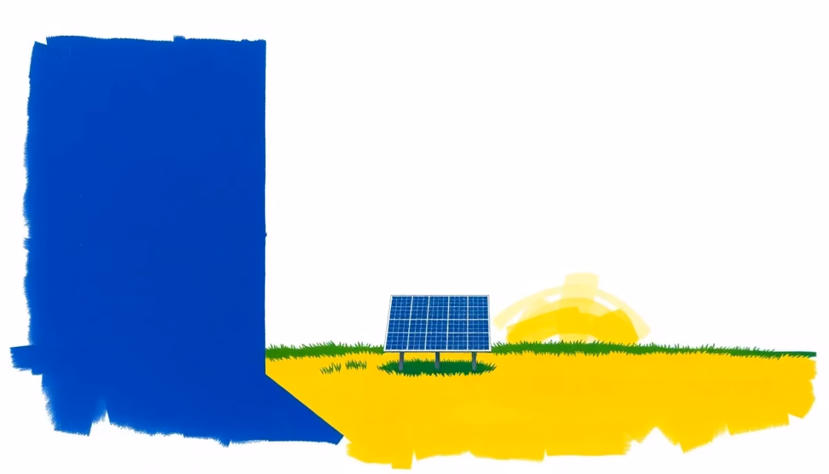 Suprematist abstract painting by Kazimir Malevich featuring a small photovoltaic panel array on a grassy field. Minimalist composition of bold navy blue and vibrant yellow geometric shapes on a stark white background. Flat textures, sharp edges, avant-garde electrical concept. No humans, no text.