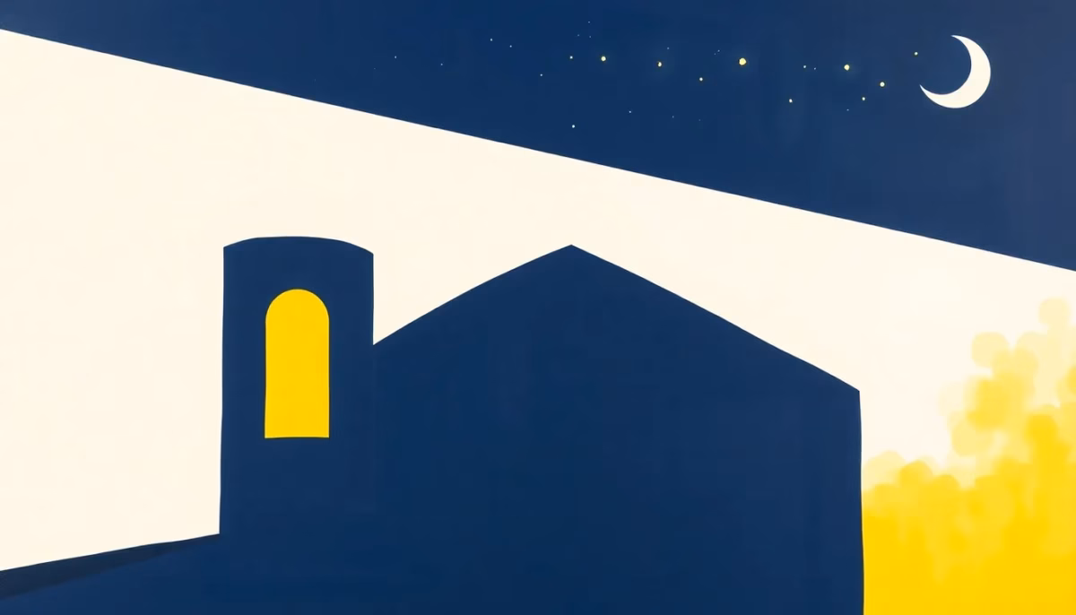Suprematist abstract painting by Kazimir Malevich featuring a renovated dovecote tower illuminated by a warm glowing light beam, with a crescent moon and stars in a stark white sky. Minimalist composition of bold navy blue and vibrant yellow geometric shapes on a stark white background. Flat textures, sharp edges, avant-garde electrical concept. ##no humans##, ##no text##.