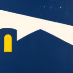 Suprematist abstract painting by Kazimir Malevich featuring a renovated dovecote tower illuminated by a warm glowing light beam, with a crescent moon and stars in a stark white sky. Minimalist composition of bold navy blue and vibrant yellow geometric shapes on a stark white background. Flat textures, sharp edges, avant-garde electrical concept. ##no humans##, ##no text##.