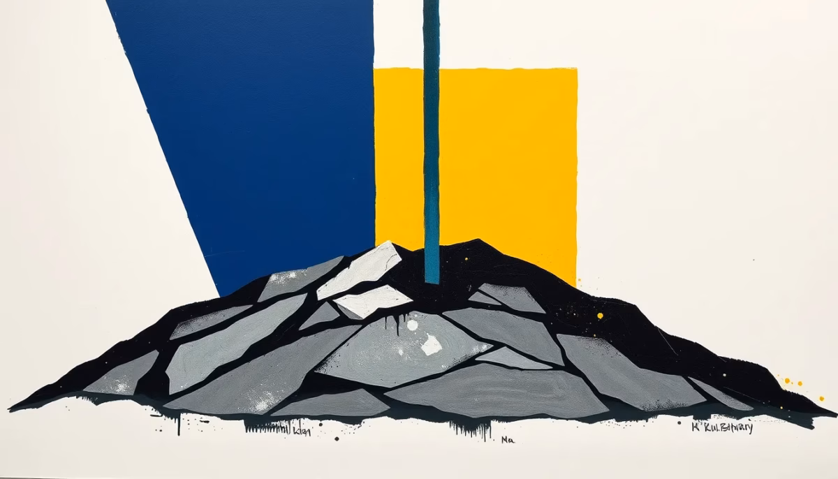 Suprematist abstract painting by Kazimir Malevich featuring a grounding rod penetrating layered rocky soil. Minimalist composition of bold navy blue and vibrant yellow geometric shapes on a stark white background. Flat textures, sharp edges, avant-garde electrical concept. No humans, no text.