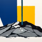 Suprematist abstract painting by Kazimir Malevich featuring a grounding rod penetrating layered rocky soil. Minimalist composition of bold navy blue and vibrant yellow geometric shapes on a stark white background. Flat textures, sharp edges, avant-garde electrical concept. No humans, no text.