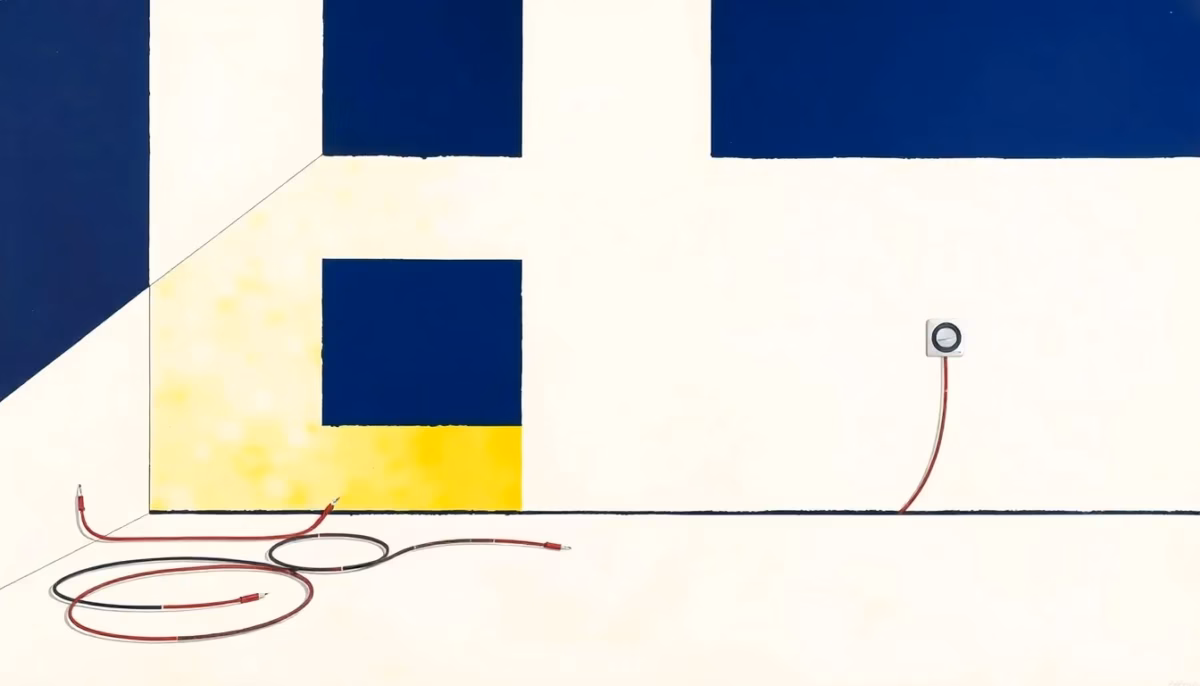 Suprematist abstract painting by Kazimir Malevich featuring an electric underfloor heating system with visible heating cables and a thermostat. Minimalist composition of bold navy blue and vibrant yellow geometric shapes on a stark white background. Flat textures, sharp edges, avant-garde electrical concept. No humans, no text.