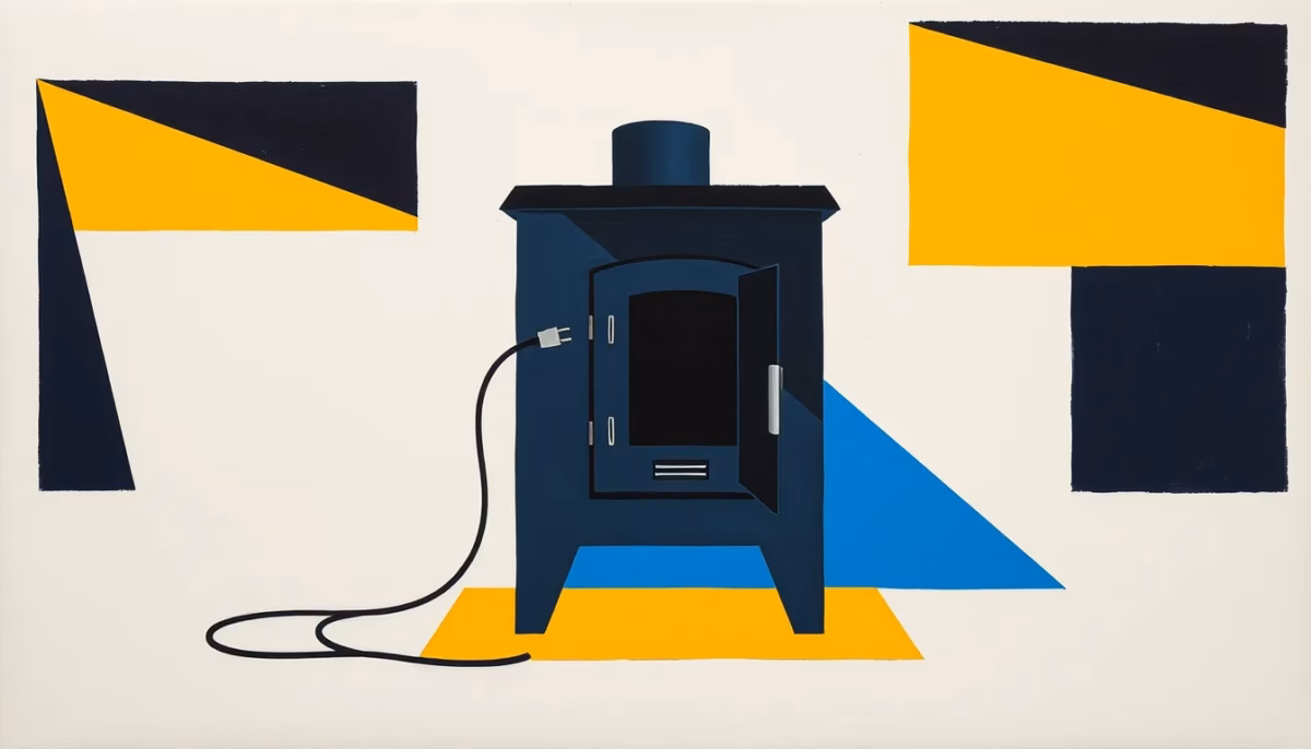 Suprematist abstract painting by Kazimir Malevich featuring a stylized wood pellet stove with a visible electric cable and plug, set against geometric shapes. Minimalist composition of bold navy blue and vibrant yellow geometric shapes on a stark white background. Flat textures, sharp edges, avant-garde electrical concept. No humans, no text.