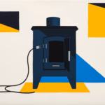 Suprematist abstract painting by Kazimir Malevich featuring a stylized wood pellet stove with a visible electric cable and plug, set against geometric shapes. Minimalist composition of bold navy blue and vibrant yellow geometric shapes on a stark white background. Flat textures, sharp edges, avant-garde electrical concept. No humans, no text.