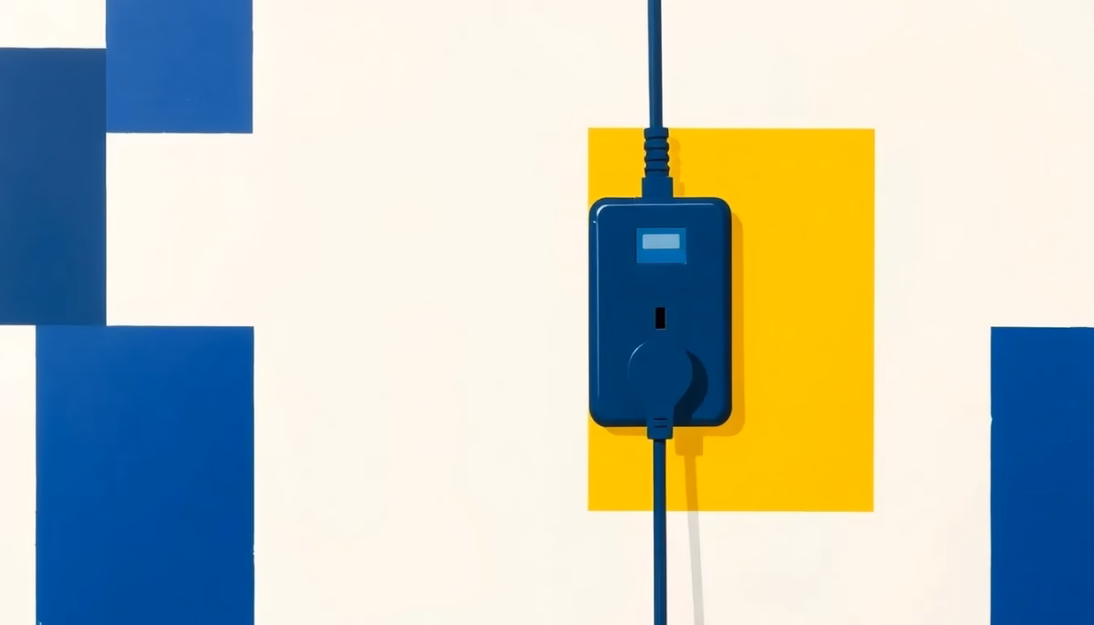 Suprematist abstract painting by Kazimir Malevich featuring a smart plug with electrical cables. Minimalist composition of bold navy blue and vibrant yellow geometric shapes on a stark white background. Flat textures, sharp edges, avant-garde electrical concept. No humans, no text.