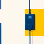 Suprematist abstract painting by Kazimir Malevich featuring a smart plug with electrical cables. Minimalist composition of bold navy blue and vibrant yellow geometric shapes on a stark white background. Flat textures, sharp edges, avant-garde electrical concept. No humans, no text.