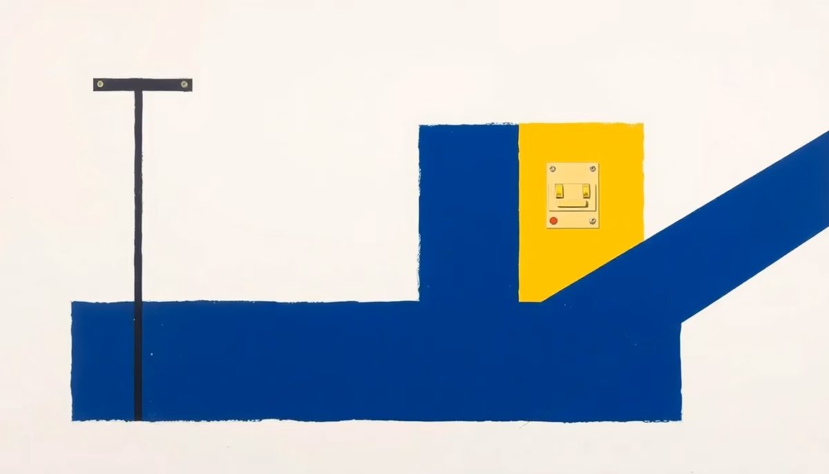 Suprematist abstract painting by Kazimir Malevich featuring an electrical grounding rod and protective circuit breaker. Minimalist composition of bold navy blue and vibrant yellow geometric shapes on a stark white background. Flat textures, sharp edges, avant-garde electrical concept. ##no humans##, ##no text##.