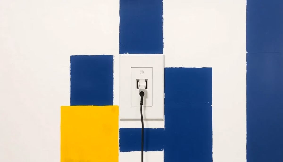 Suprematist abstract painting by Kazimir Malevich featuring a single wall power outlet with a broken cable. Minimalist composition of bold navy blue and vibrant yellow geometric shapes on a stark white background. Flat textures, sharp edges, avant-garde electrical concept. No humans, no text.