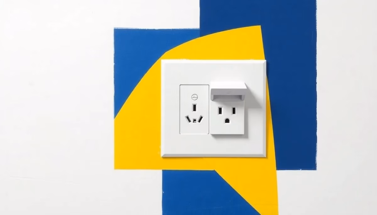 Suprematist abstract painting by Kazimir Malevich featuring an electrical wall outlet with a protective flap. Minimalist composition of bold navy blue and vibrant yellow geometric shapes on a stark white background. Flat textures, sharp edges, avant-garde electrical concept. No humans, no text overlay.
