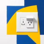 Suprematist abstract painting by Kazimir Malevich featuring an electrical wall outlet with a protective flap. Minimalist composition of bold navy blue and vibrant yellow geometric shapes on a stark white background. Flat textures, sharp edges, avant-garde electrical concept. No humans, no text overlay.