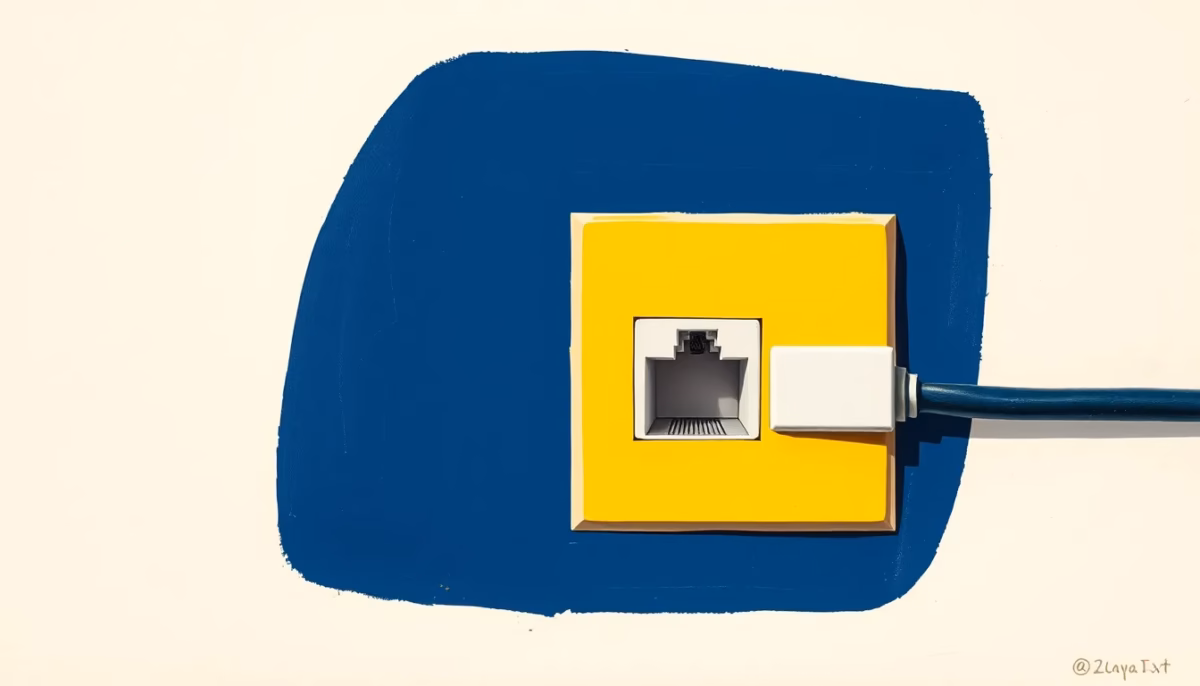 Suprematist abstract painting by Kazimir Malevich featuring a network wall socket and thin cable conduit. Minimalist composition of bold navy blue and vibrant yellow geometric shapes on a stark white background. Flat textures, sharp edges, avant-garde electrical concept. ##no humans##, ##no text##.