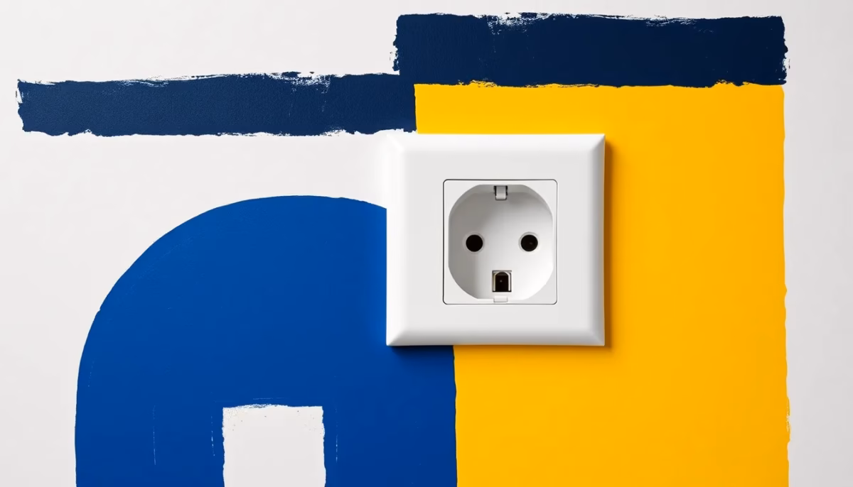 Suprematist abstract painting by Kazimir Malevich featuring a modern wall socket with USB-C and USB-A ports. Minimalist composition of bold navy blue and vibrant yellow geometric shapes on a stark white background. Flat textures, sharp edges, avant-garde electrical concept. No humans, no text.