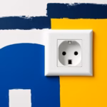 Suprematist abstract painting by Kazimir Malevich featuring a modern wall socket with USB-C and USB-A ports. Minimalist composition of bold navy blue and vibrant yellow geometric shapes on a stark white background. Flat textures, sharp edges, avant-garde electrical concept. No humans, no text.