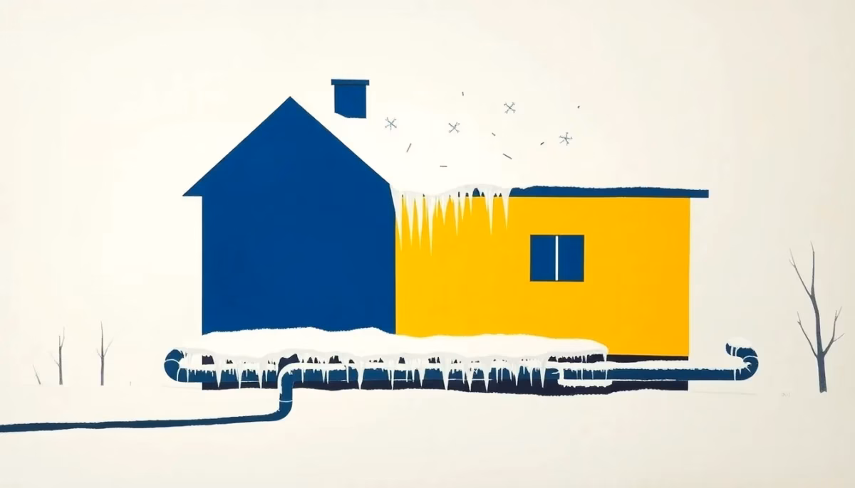Suprematist abstract painting in the style of Kazimir Malevich depicting a lonely empty house with frozen pipes, icicles and falling snowflakes. Minimalist composition of bold navy blue and vibrant yellow geometric shapes on a stark white background. Flat textures, sharp edges, avant-garde winter protection concept. No humans, no text.