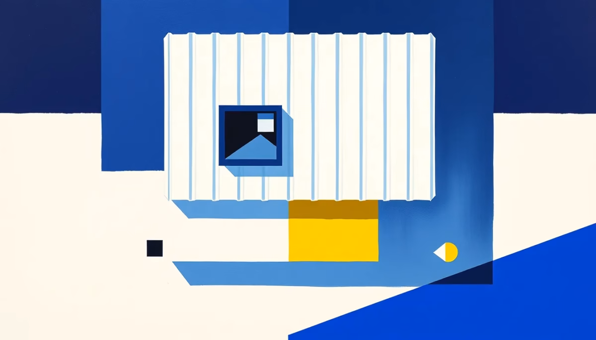 Suprematist abstract painting by Kazimir Malevich featuring a radiator with a small automatic air vent valve. Minimalist composition of bold navy blue and vibrant yellow geometric shapes on a stark white background. Flat textures, sharp edges, avant-garde electrical concept. No humans, no text.