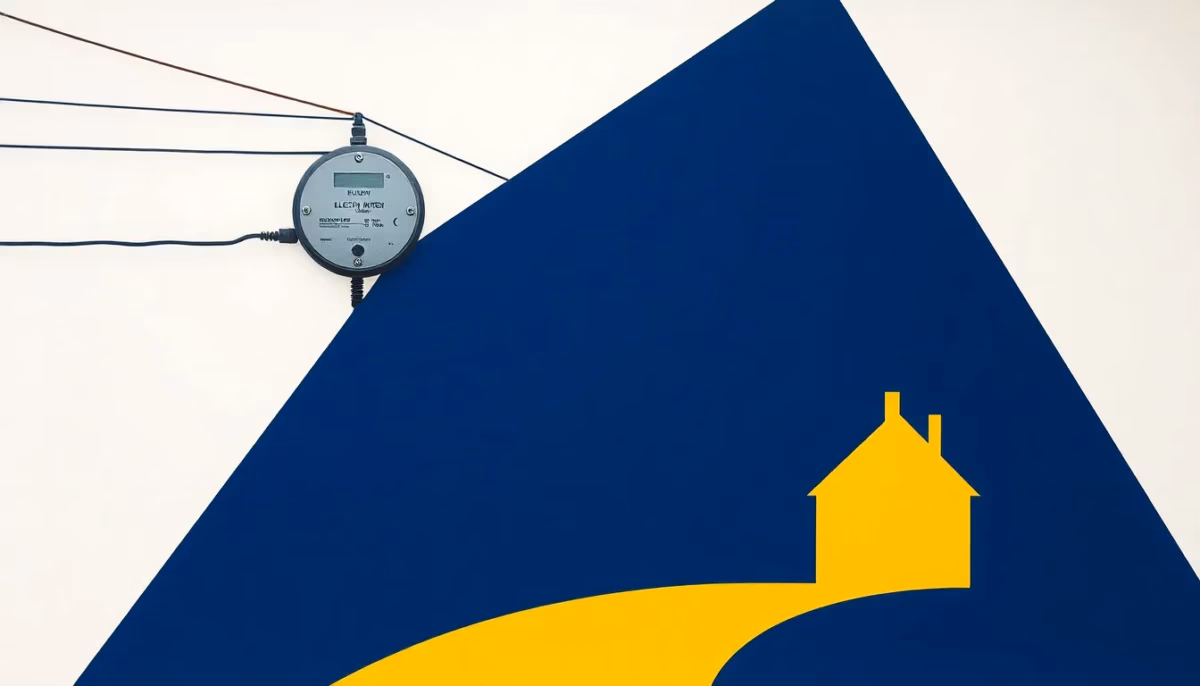 Suprematist abstract painting by Kazimir Malevich featuring a sleek electric meter and branching power lines connecting to a quaint rural house silhouette. Minimalist composition of bold navy blue and vibrant yellow geometric shapes on a stark white background. Flat textures, sharp edges, avant-garde electrical concept. No humans, no text.